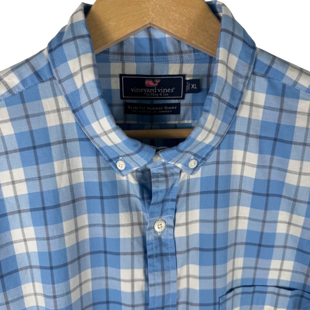 Vineyard Vines Slim Fit Murray Shirt Mens XL Blue White Plaid Long Sleeve Button